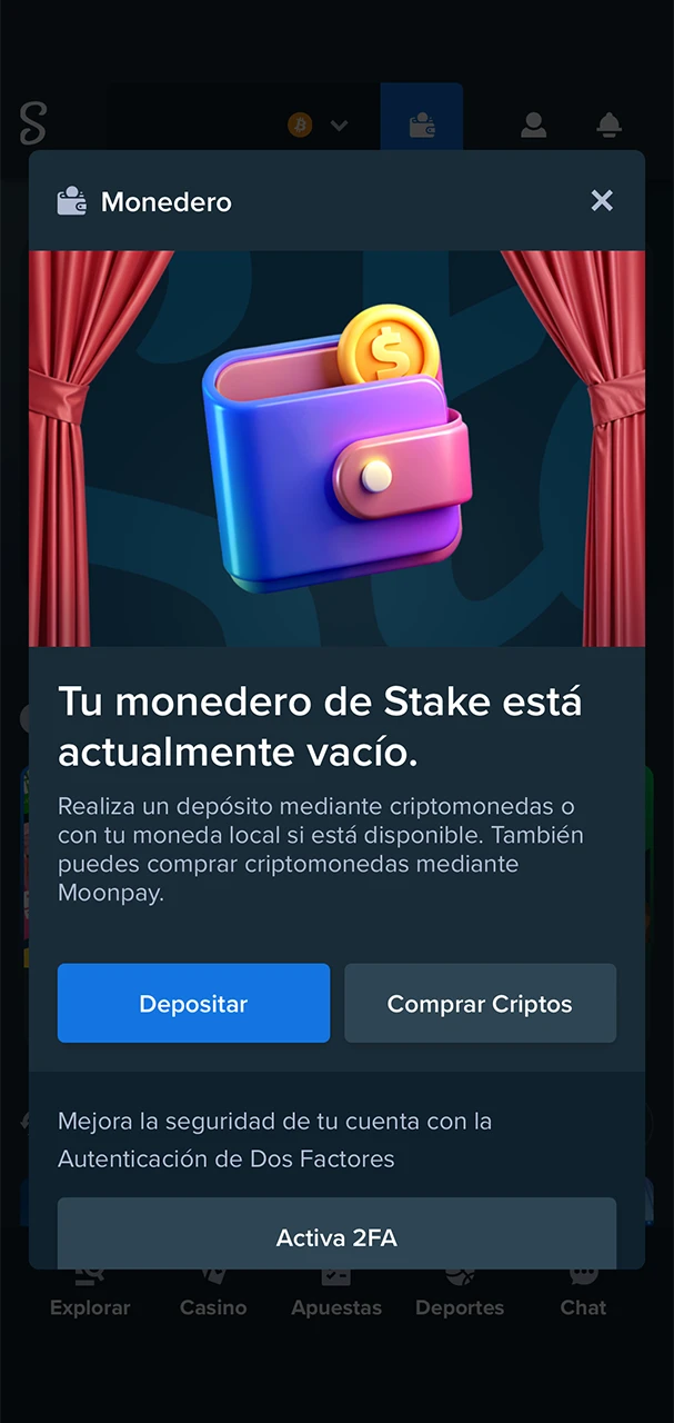 Seleccione y familiarícese con la pestaña de depósito de su cuenta personal en el sitio web de Stake.