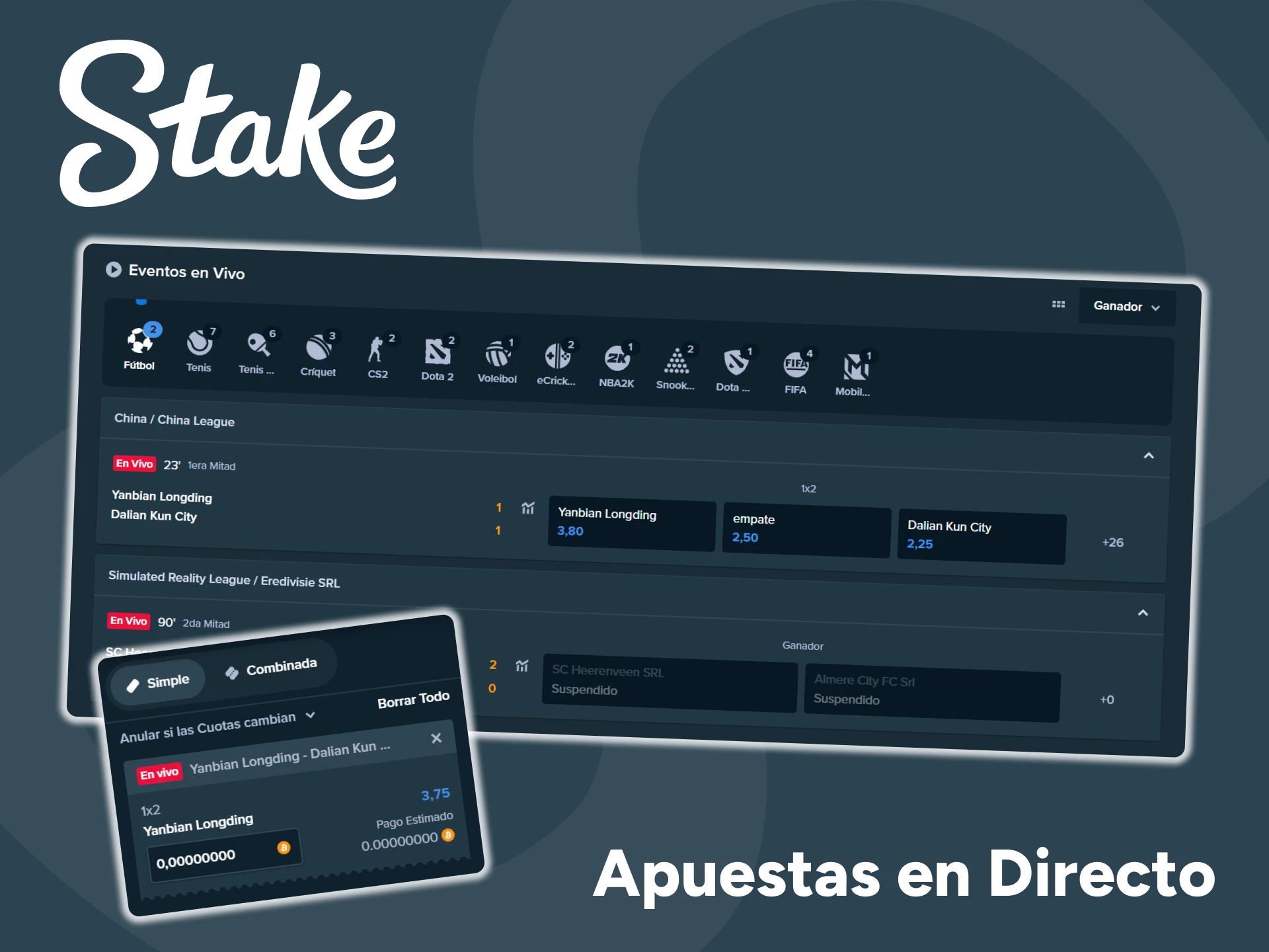 Apuesta en deportes en tiempo real en la página web de Stake.