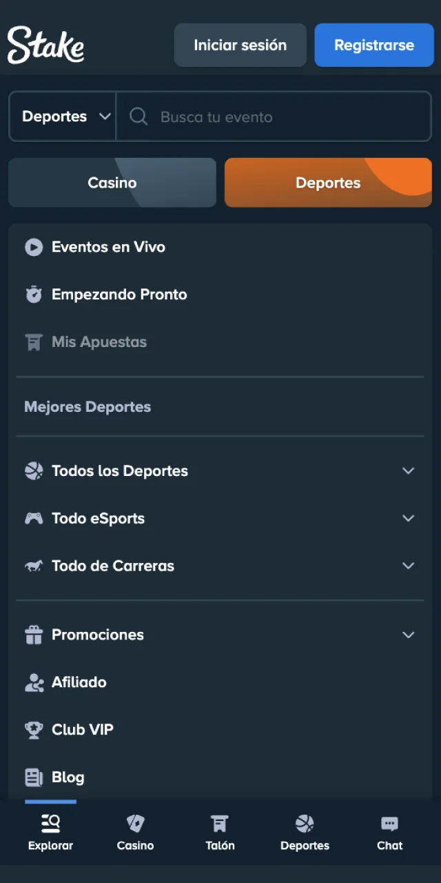 Utiliza la aplicación Stake para acceder a las apuestas deportivas, al casino y a tu cuenta personal.